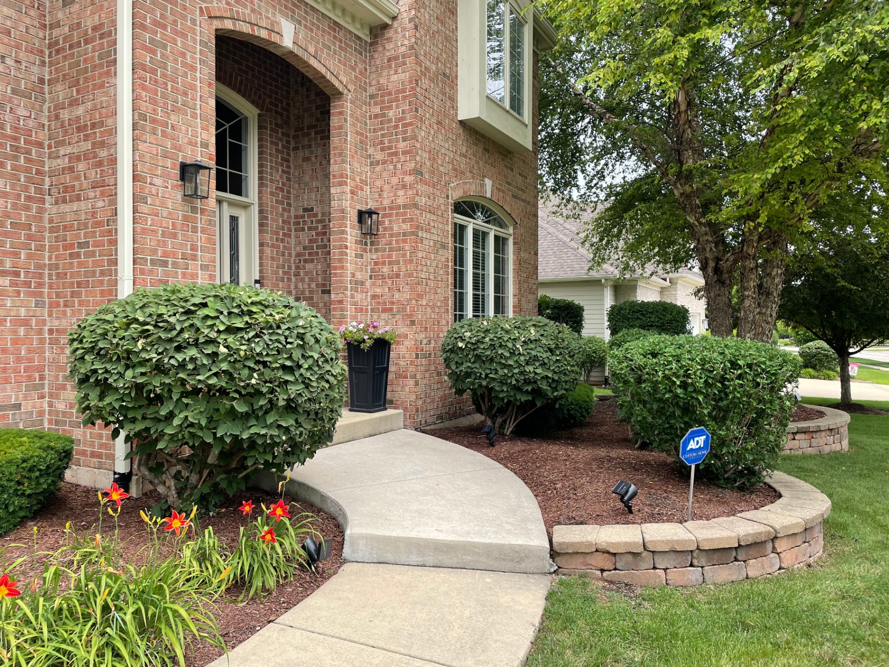 Manicured front entrance walkway with trimmed shrubs and daylilies