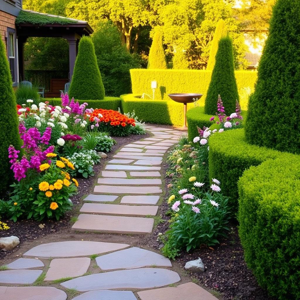 Stone path through perennial garden