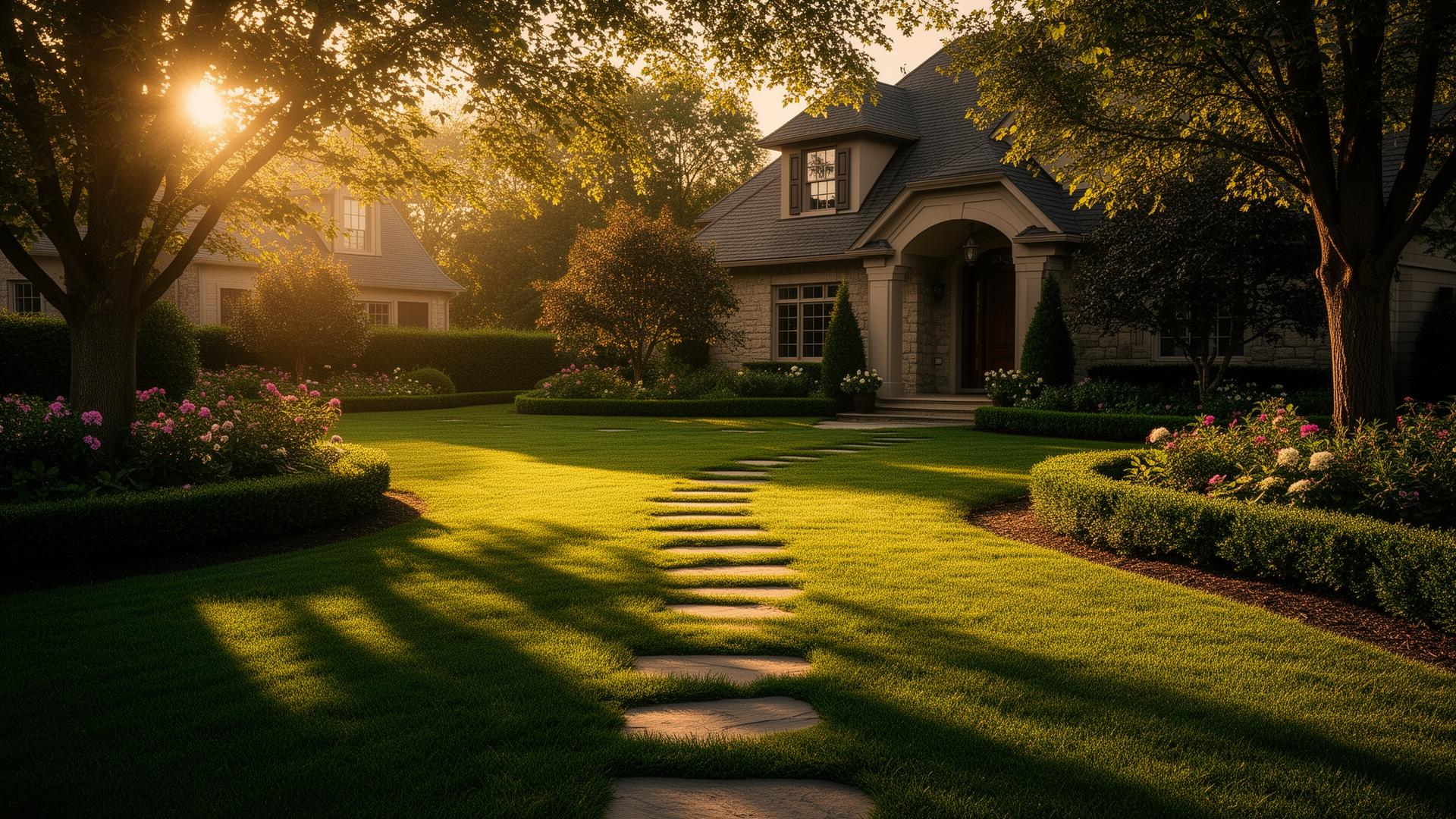 Manicured front lawn at golden hour